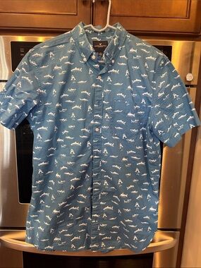 American Eagle Outfitters Sea Blue Short-Sleeve Shark Pattern Button-Down Shirt